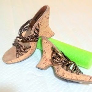 Unlisted braided bronze faux leather strap cork wedge sandals